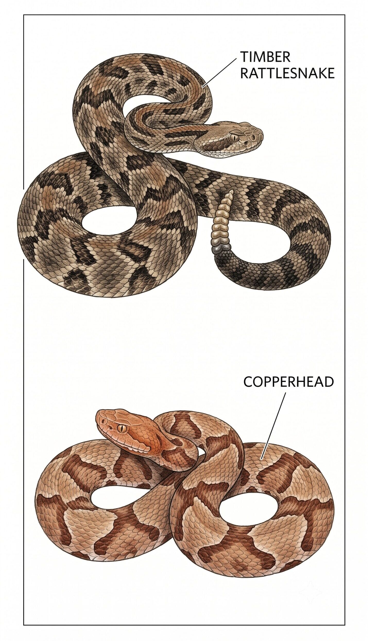 Snake precautions, Image of timber rattlesnake and copperhead.
